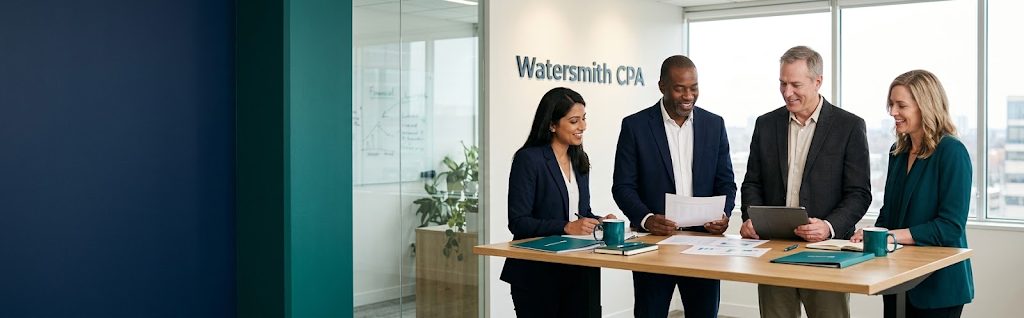 Watersmith CPA team reviewing documents together at a table in the office