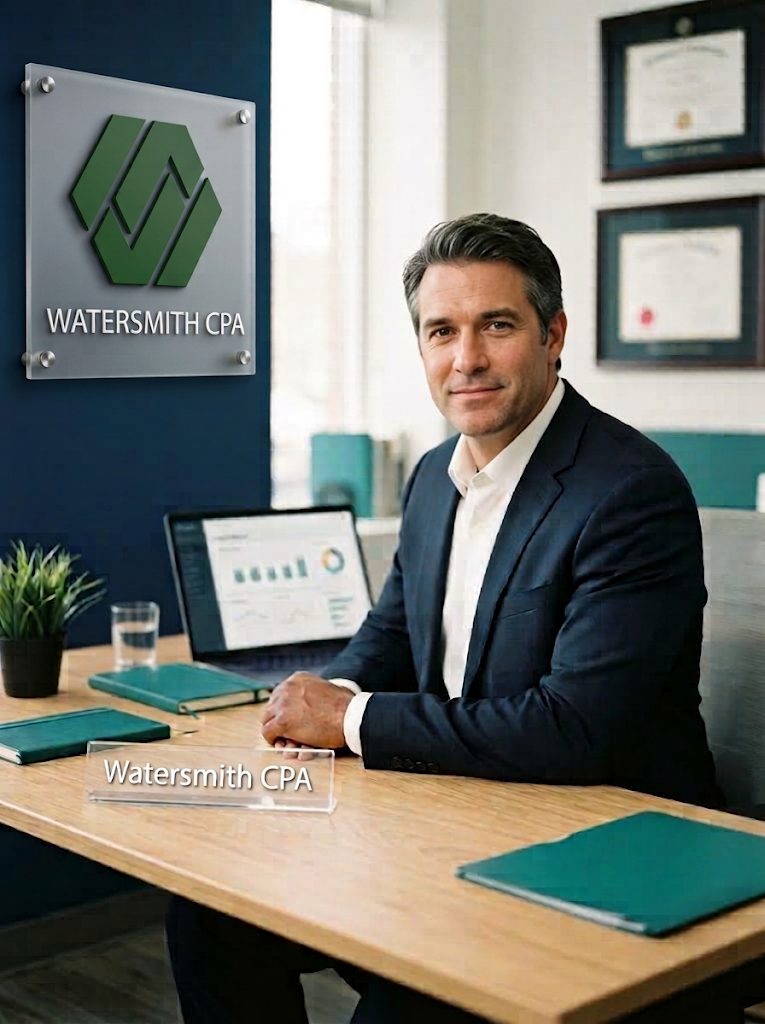 Watersmith CPA office, with an accountant seated at a desk beside the firm's logo